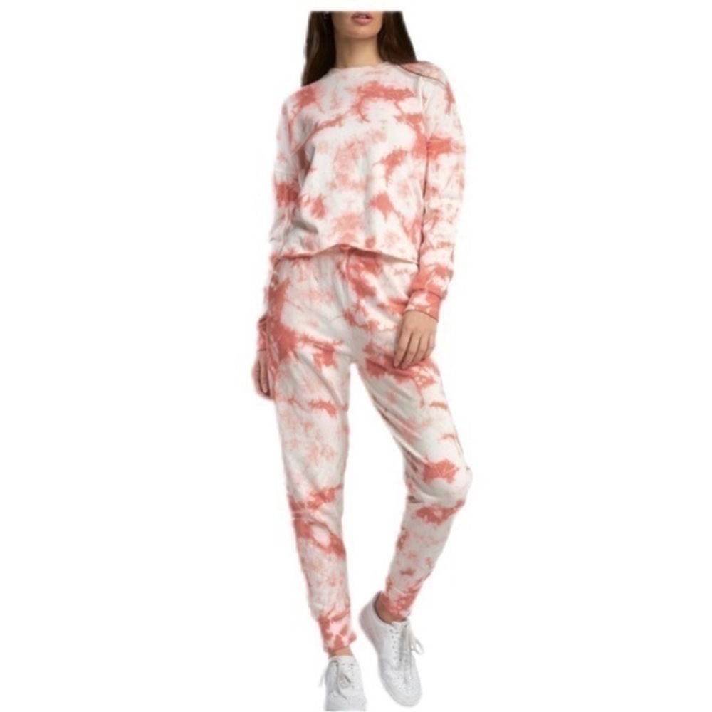 Elan Tie Dye Joggers & Sweatshirt Set Coral Pink & White